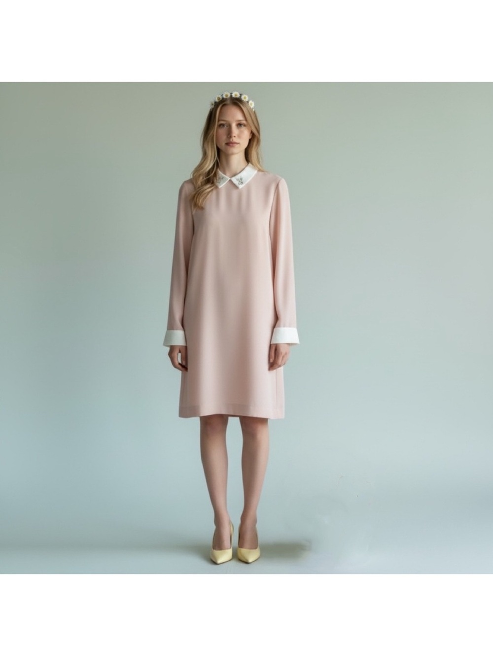 Victoria Beckham Pale Pink Long-Sleeve Shift Dress with White Collar